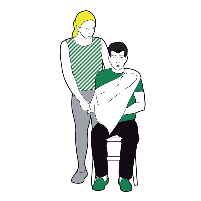 Elevation sling - tuck lower part underneath injured arm and bring diagonally across back to meet at shoulder