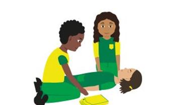 Children using a defibrillator on a casualty. Children using a defibrillator on a casualty.